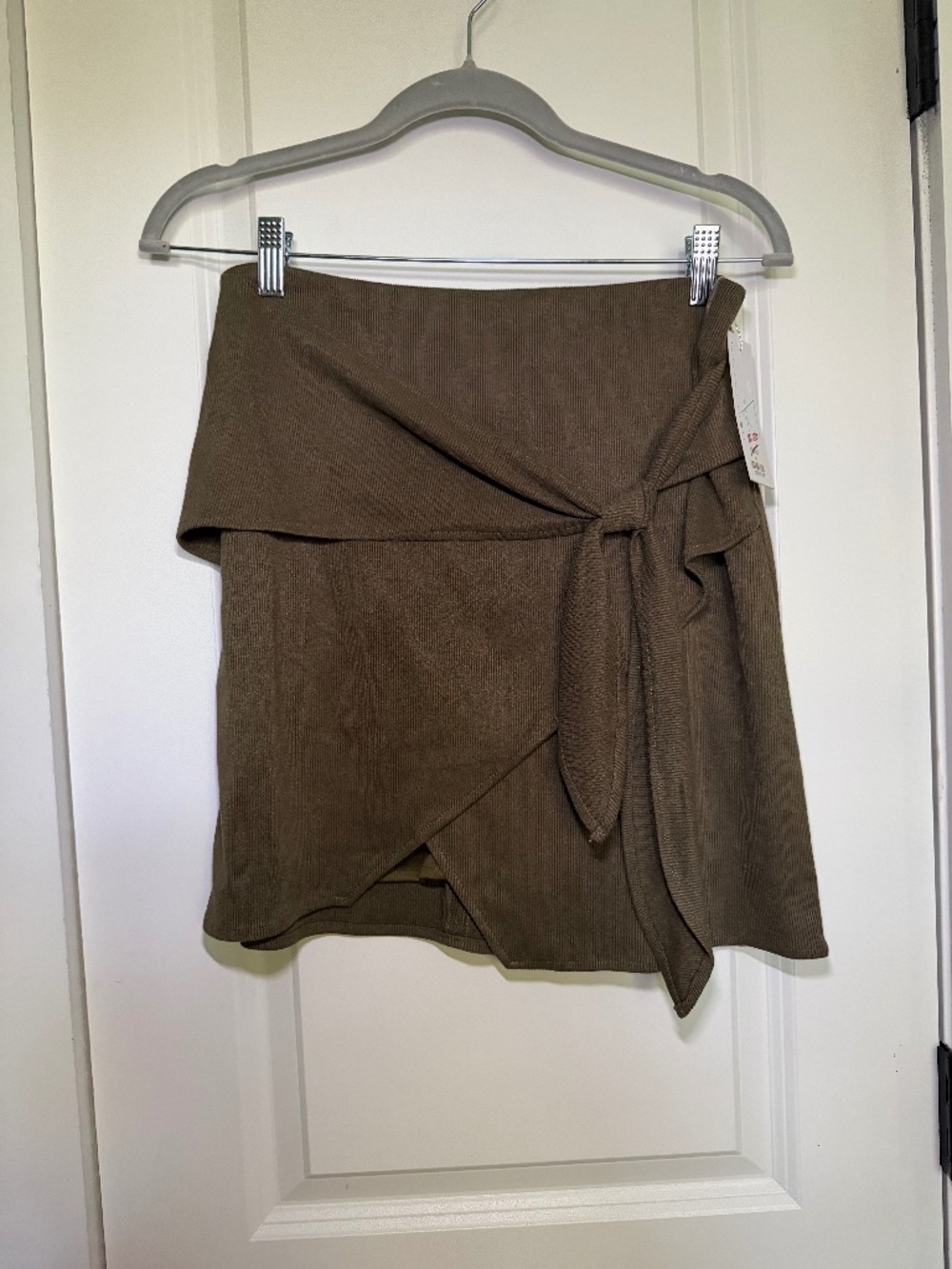 NWT Sage Green Ribbed Wrap Mini Skirt Small Fully Lined Tie Front Boho